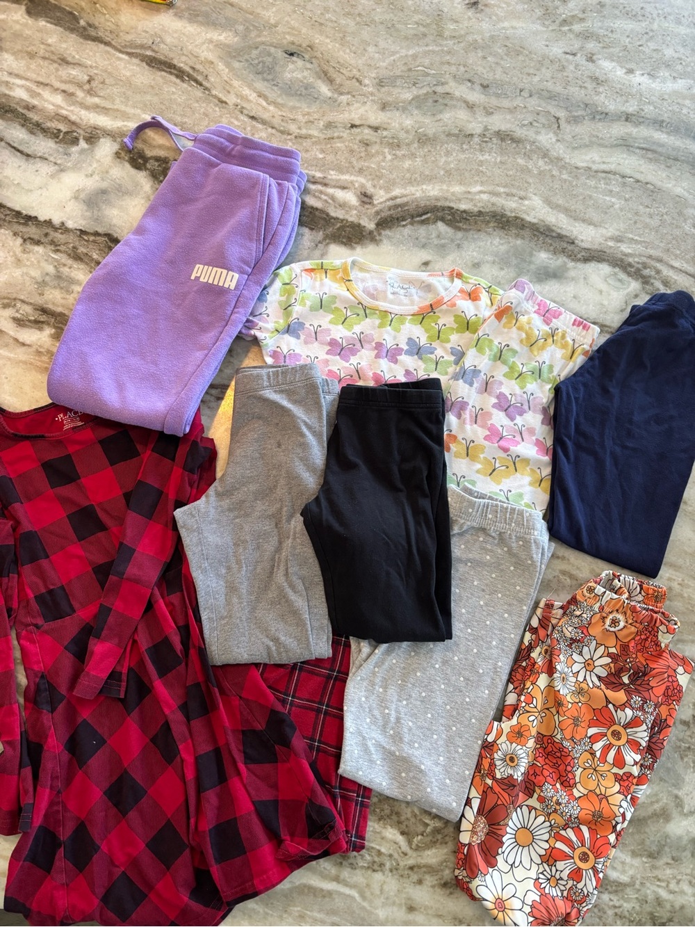 SIZE 7/8 GIRlLS LOT - Puma Lavender Kids Sweatpants, 6 pairs of leggings, etc